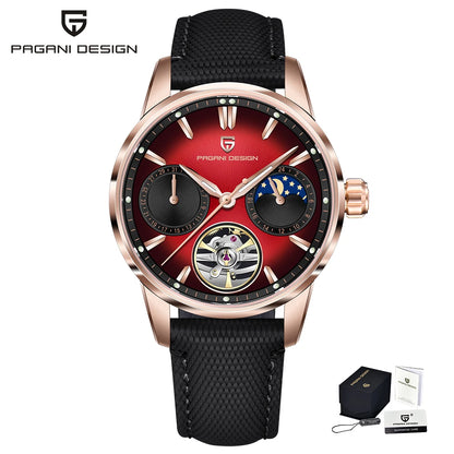 PAGANI DESIGN – Mechanische Luxusuhr für Herren, 41 mm, Saphirglas, Lederarmband, wasserdicht, Pilotenstil, mit Tourbillon und Mondphase