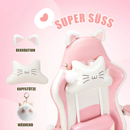 Gaming Chair with Cat Ears, Computer Armchair with Footrest and Lumbar Support, Height Adjustable Game Chair, 360°-Swivel Seat