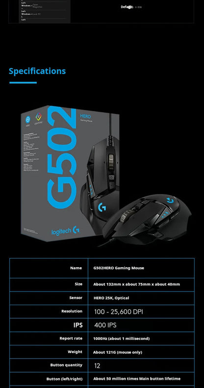 Logitech G502 HERO Cable Game Mouse E-Sports Chicken Dinner Mechanical Mouse RGB Light Can Be Balanced for Chicken Dinner Macro Program