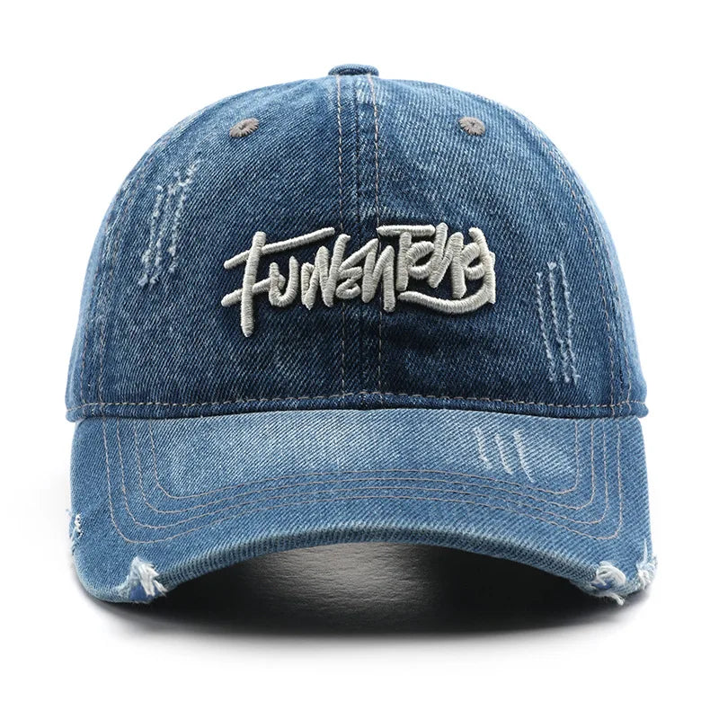 Japanese Retro Washed Denim Letter Embroidered Cap Outdoor Sports Mens Travel Sun Hat Baseball Cap Classic Versatile Comfortable