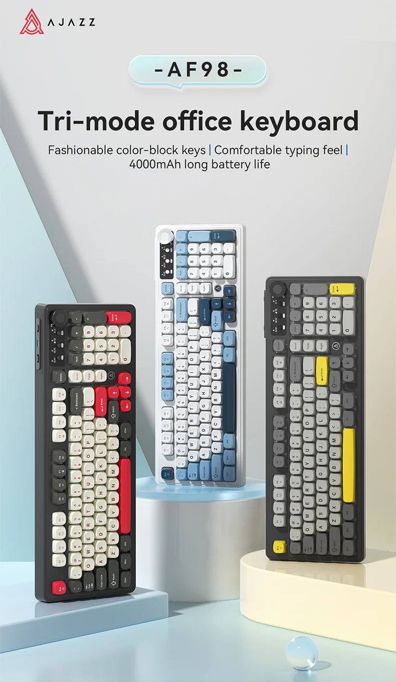 AJAZZ AF98 kabelgebundene/kabellose Tastatur mit mechanischem Tippgefühl, für das Büro, lange Akkulaufzeit, drei Modi, RGB-Mischbeleuchtung, ABS-Tastenkappen, ergonomisch