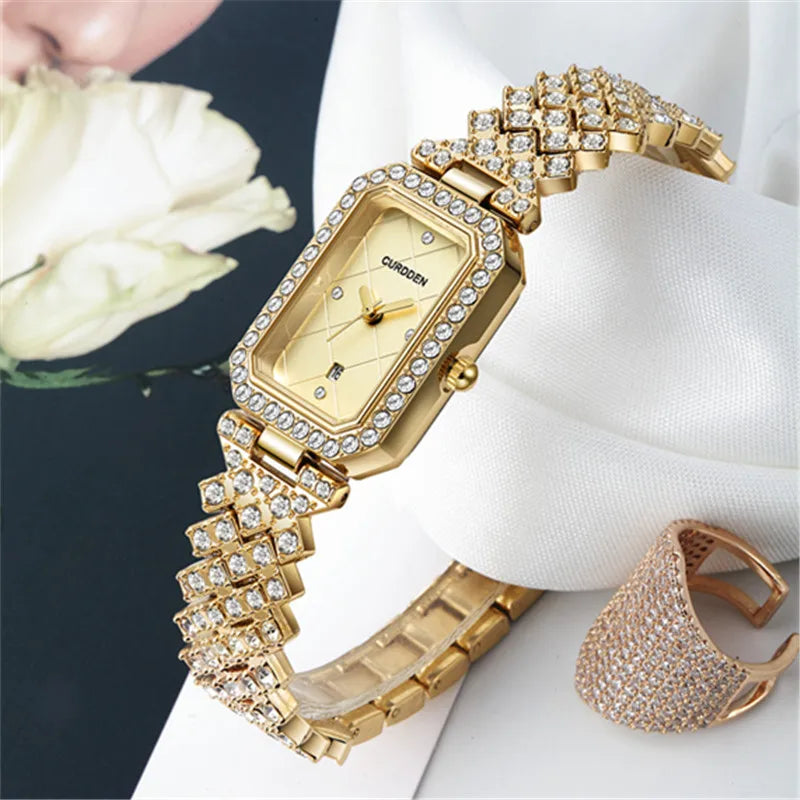 Original CURDDEN Brand Rectangular Watches For Ladiies Fashion Casual Alloy Band Diamond Luxury Quartz Watch Silver Montre Femme