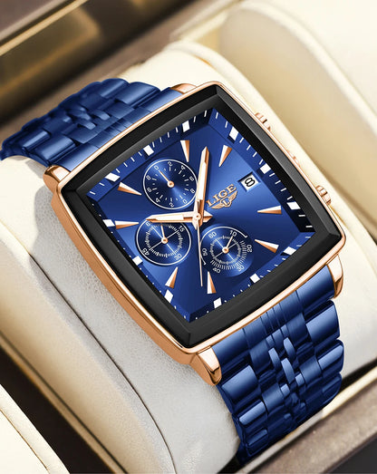 Relojes de lujo para hombre LIGE, modelo cuadrado, estilo clásico y moderno, de acero inoxidable, resistentes al agua, deportivos y desenfadados, con mecanismo de cuarzo.