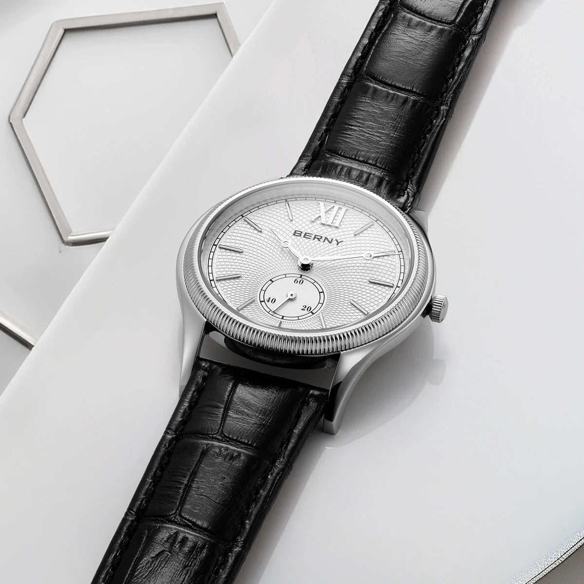 BERNY Men's Watches Luxury Classic Stylish Dress Quartz Watch Slim Stainless Steel Case Elegance Leather Strap Wristwatch
