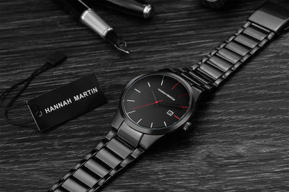 Hannah Martin herenhorloge, roestvrijstalen kast, quartz uurwerk, wijzerplaat van 41 mm, zakelijke stijl, met kalenderweergave (imitatie)