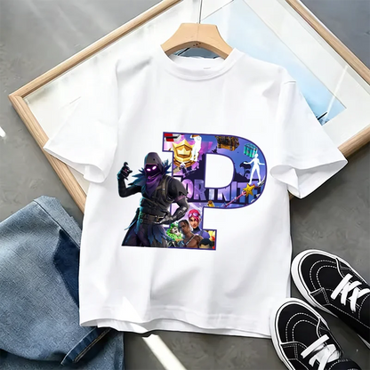 Тениска Fortnite A-Z Alphabet Print за деца, лятна бяла дреха, популярна тениска с анимационна игра, модерен ежедневен топ с къс ръкав, подарък