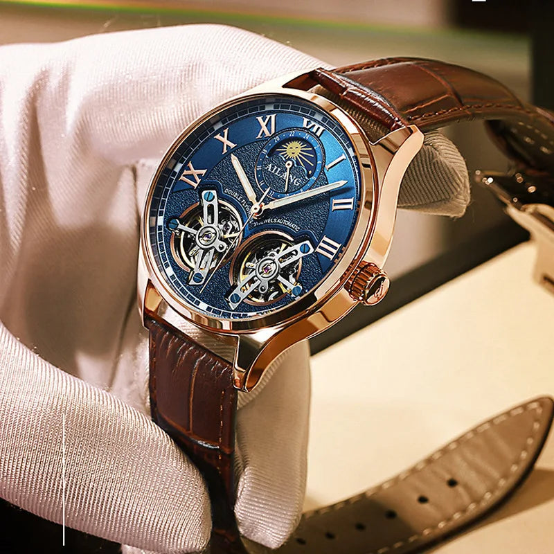 AILANG Double Tourbillon Design Business Men Mechanical Watch Fashion Leather Moon Phase Automatic Watches for Mens Reloj Hombre
