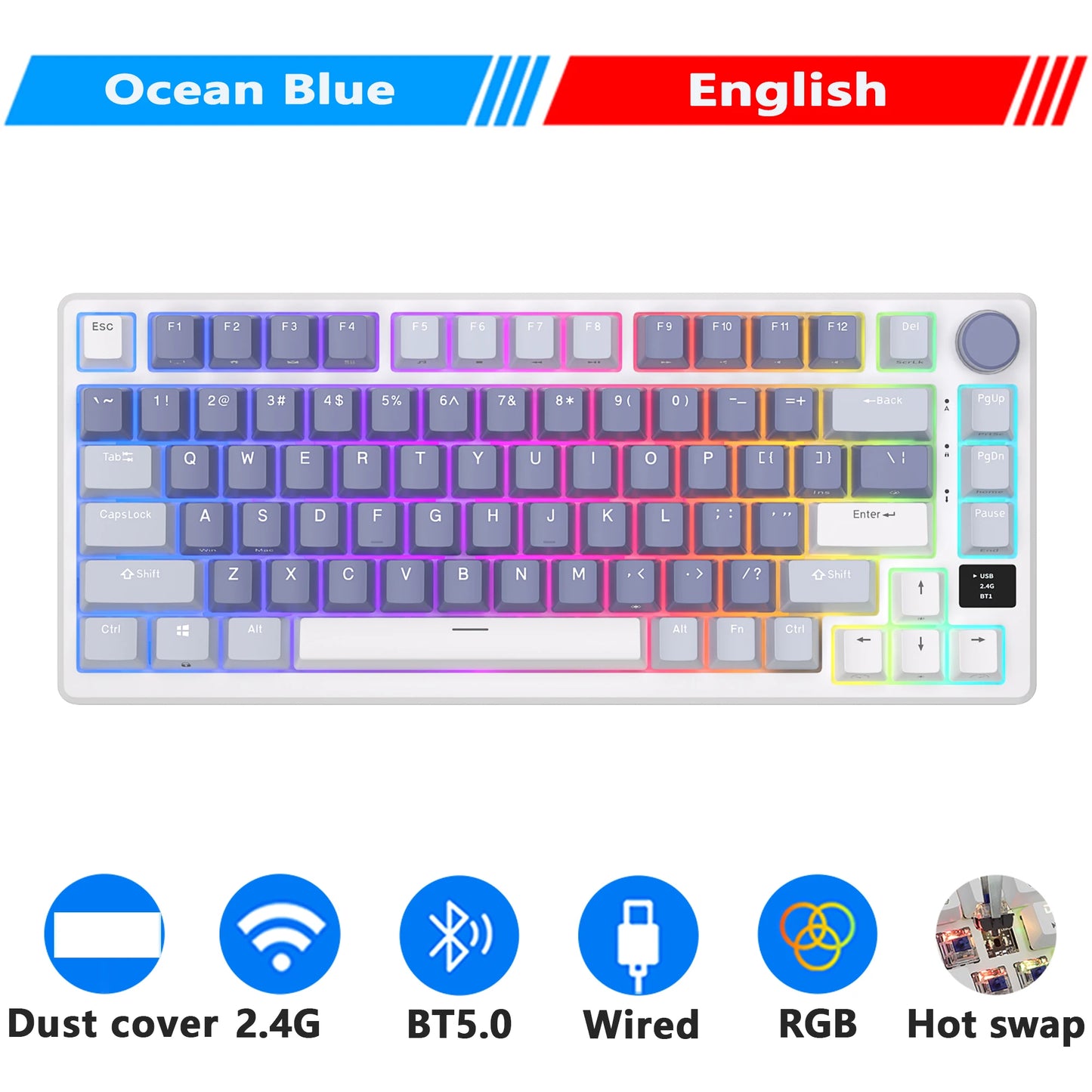 RK ROYAL KLUDGE M75 2.4G Wireless/Bluetooth/USB-C Mechanical Keyboard 81 Keys RGB Hot-Swappable Gasket Gamer Keyboard with Screen
