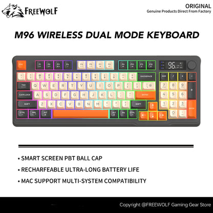 M96 Bluetooth Wireless Keyboard FREEWOLF Digital Display,RGB Backlight,2000mAh Battery & PBT Keycaps for PC/Laptop