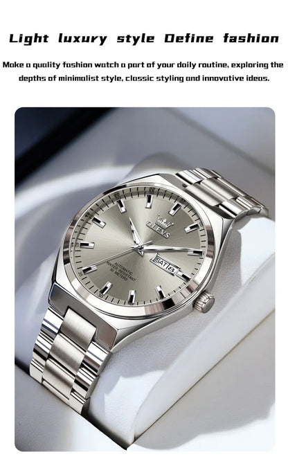 OLEVS Wristwatches Silver Gray Dial Automatic Mechanic Wrist Watch for Men Casual Sports Clock with Luminous relogios masculino