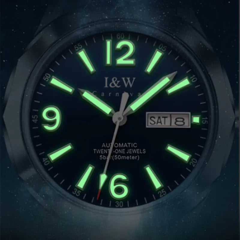 Luxe mechanisch herenhorloge Reloj CARNIVAL van wolfraam, automatisch uurwerk MIYOTA 8205, waterdicht.