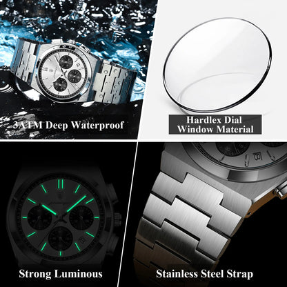 POEDAGAR Luxury Men's Watch Chronograph Date Stainless Steel Casual Man Clock Waterproof Luminous Fashion Quartz Watches For Men