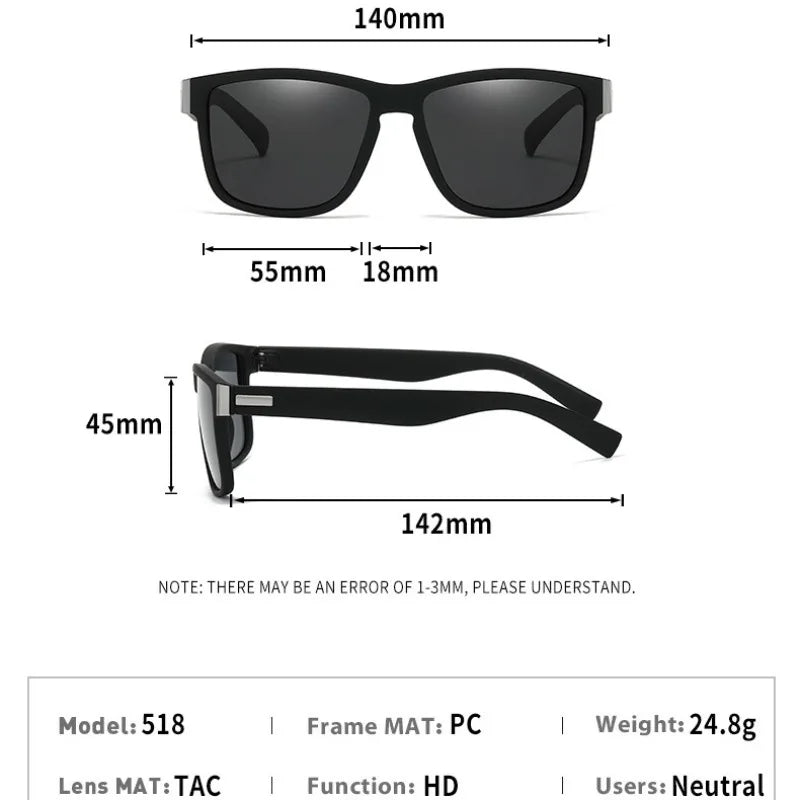 Black Polarized Square Sunglasses Men Women Fashion Classic Driving Shades for Outdoor Sports Cycling Travel Fishing Eyewears