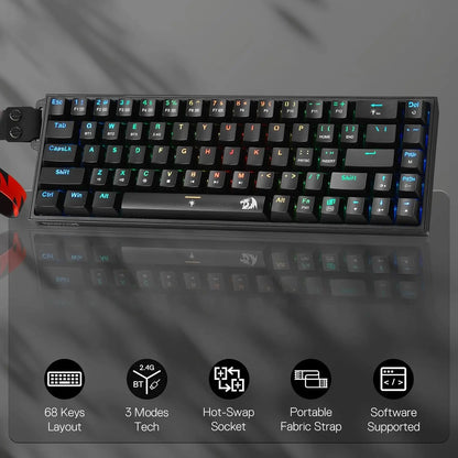 Redragon K631 PRO 65% Wireless Mechanical Gaming Keyboard, 3-Mode RGB Hot-Swappable 68-Key Compact Gaming Keyboard with Bluetooth, 2.4GHz & USB-C
