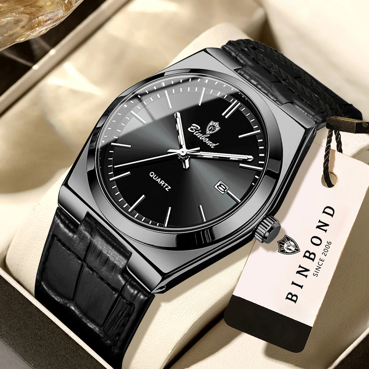 Montre-bracelet à quartz de luxe BINBOND pour homme – Étanche, lumineuse, avec date automatique – Style professionnel, sportif, tendance et décontracté – Bracelet en cuir