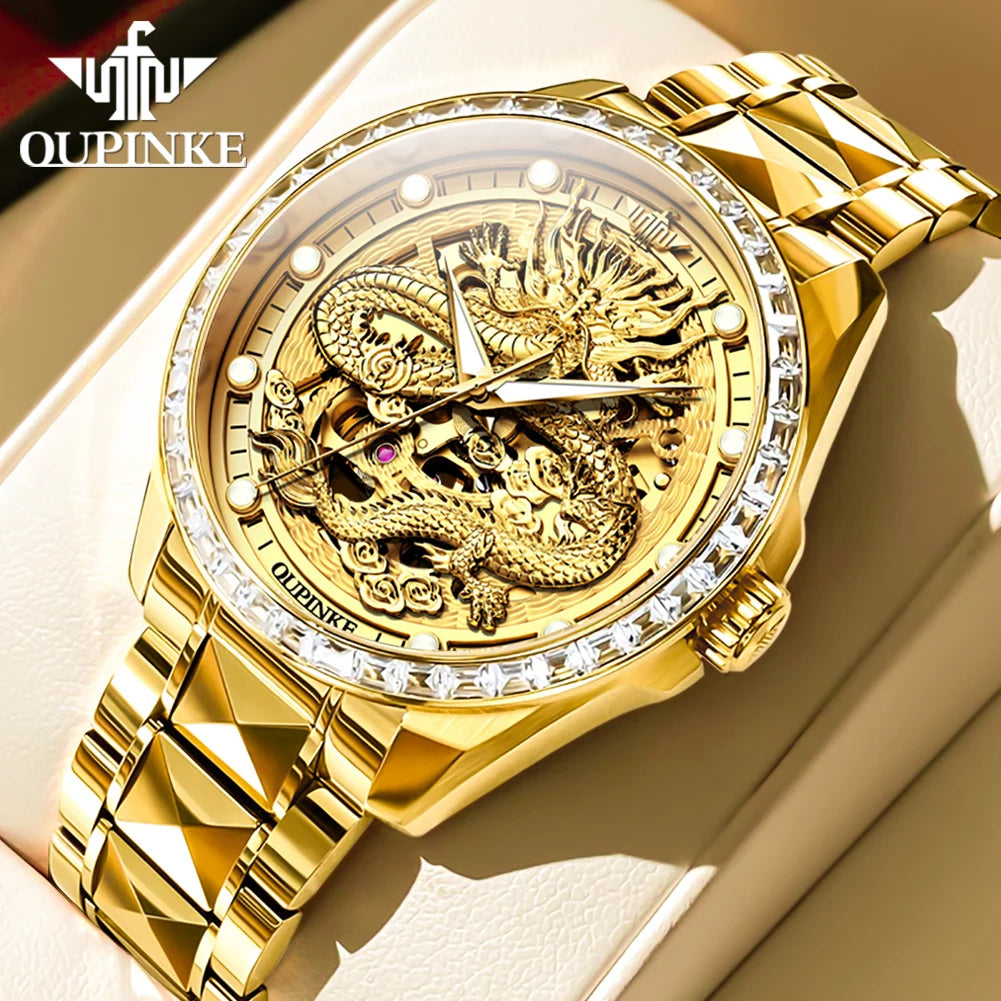 OUPINKE Herrenarmbanduhr, Top-Marke, Luxus, Gold, Wolframstahl, originale automatische mechanische Armbanduhr mit Zifferblatt im Drachenmuster
