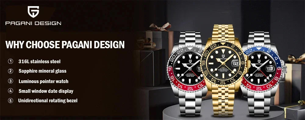 PAGANI DESIGN 40MM GMT Watches for Men Luxury Sapphire AR Mechanical Watch Ceramic Bezel Automatic 100M Waterproof Gift watch