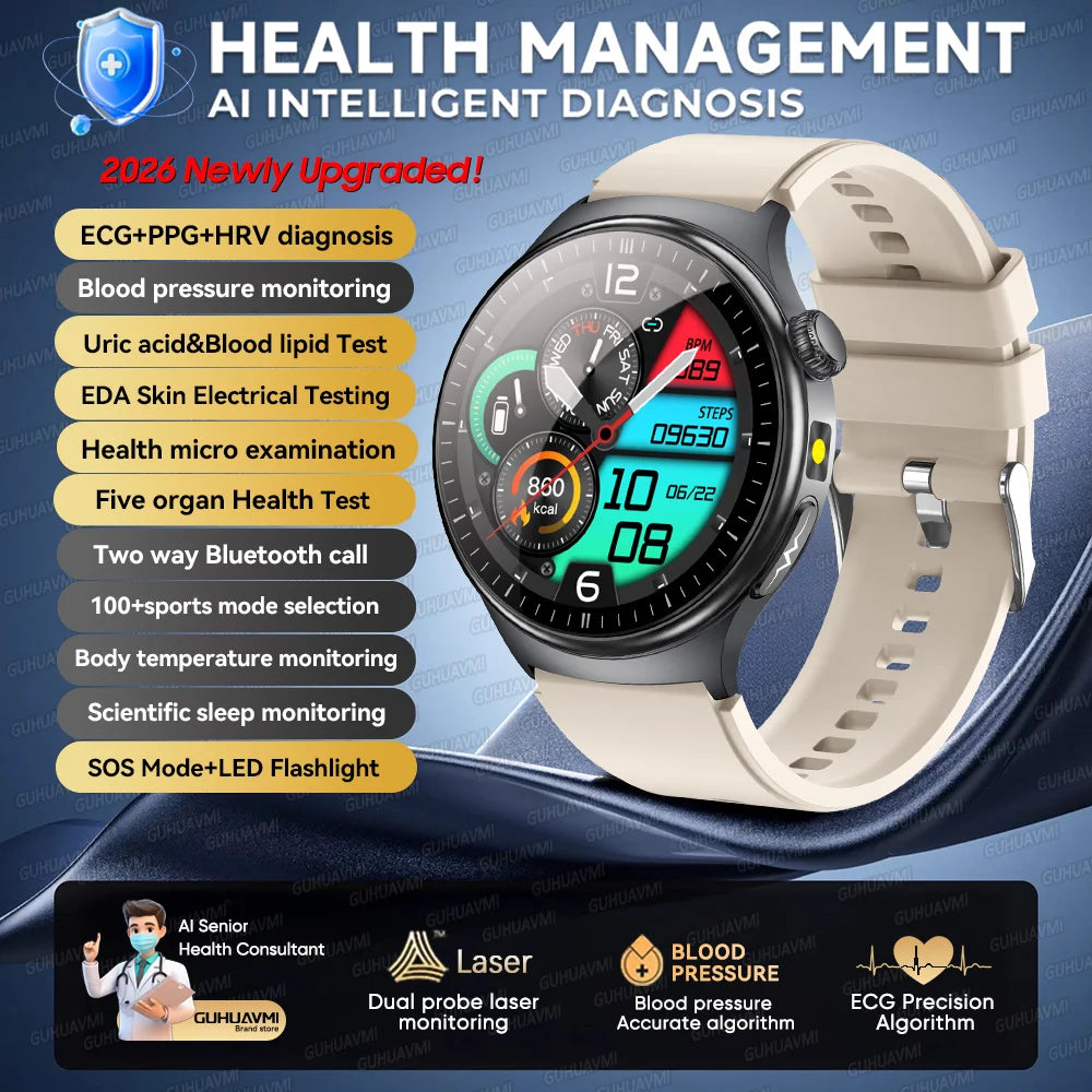 2026New AI-Diagnosis Care Smartwatch ECG+PPG Accurate Uric Acid Blood Pressure Body Fat Five organ Fitness Waterproof Smartwatch