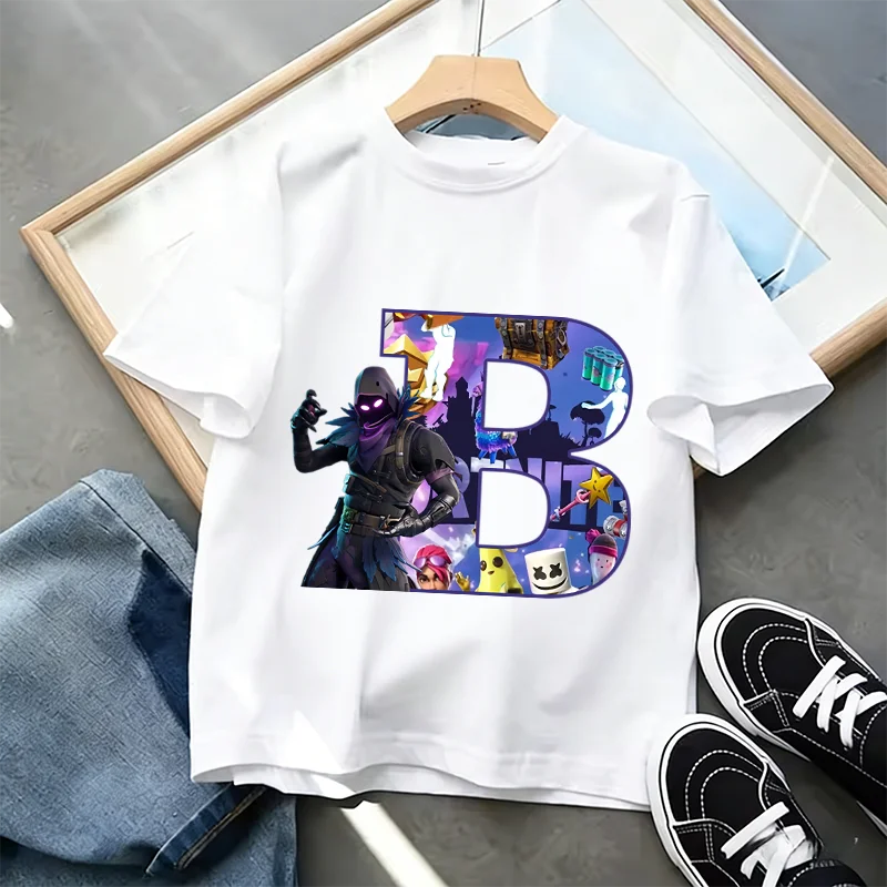 Тениска Fortnite A-Z Alphabet Print за деца, лятна бяла дреха, популярна тениска с анимационна игра, модерен ежедневен топ с къс ръкав, подарък