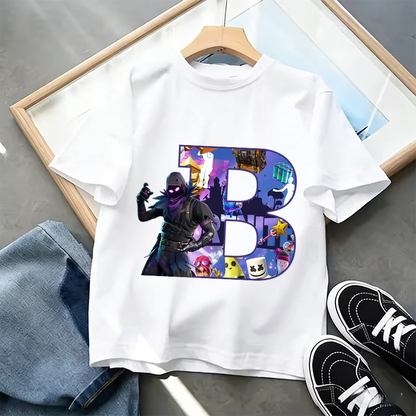 Тениска Fortnite A-Z Alphabet Print за деца, лятна бяла дреха, популярна тениска с анимационна игра, модерен ежедневен топ с къс ръкав, подарък