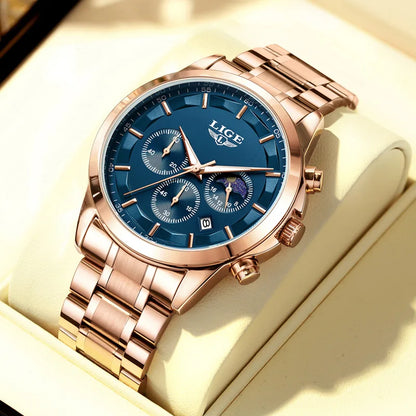 Orologio da uomo LIGE – Cronografo al quarzo di lusso, impermeabile (3 bar), con lancette luminescenti