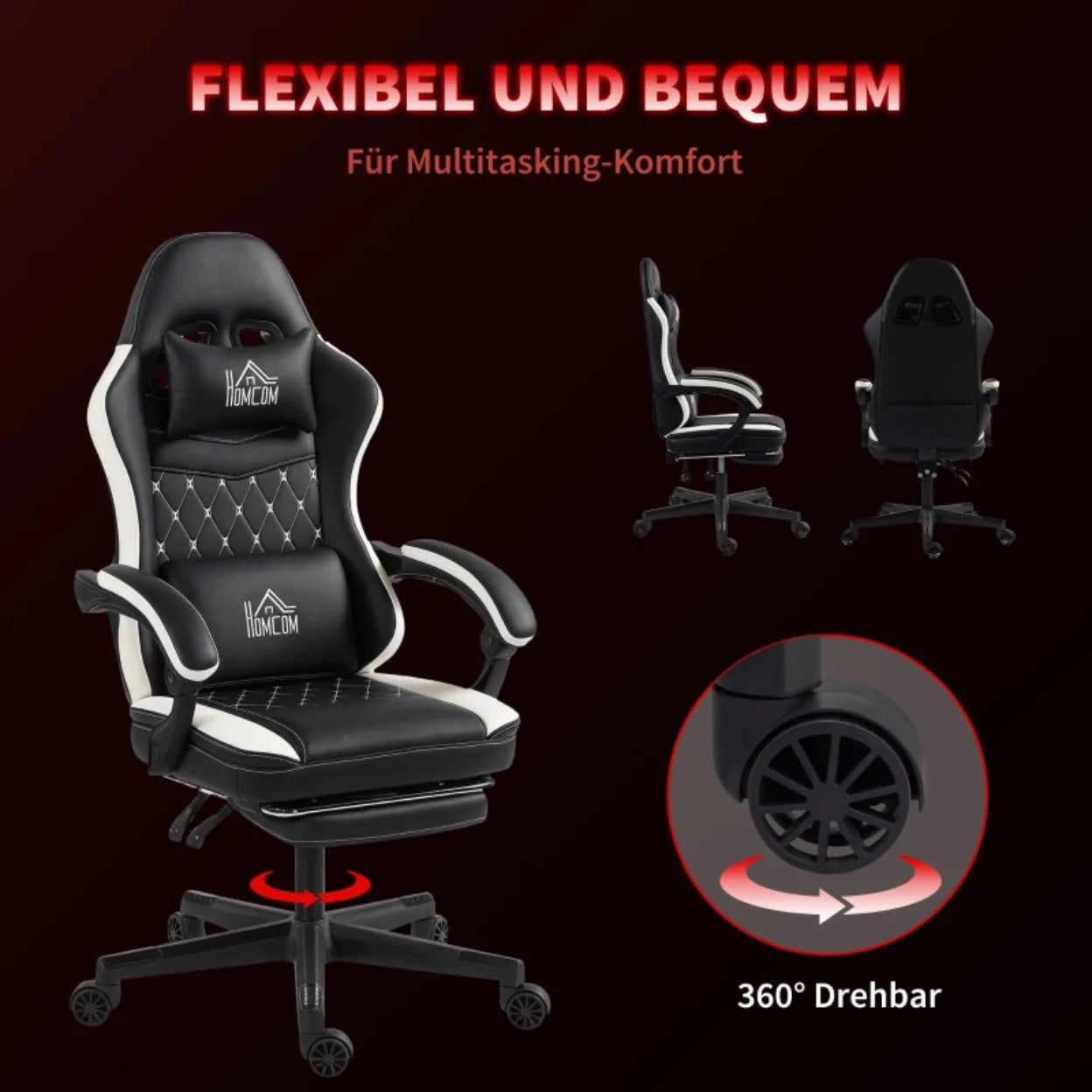 Ergonomic Gaming Chair with Footrest, Adjustable Reclining Computer Chair with Headrest & Lumbar Support, Faux Leather Swivel Gamer Chair