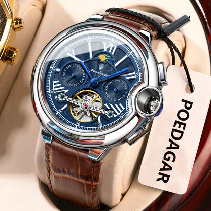 Montre pour homme POEDAGAR, style luxe et professionnel, avec affichage de la date et du jour, tourbillon, boîtier en acier inoxydable, mouvement mécanique automatique et étanchéité.