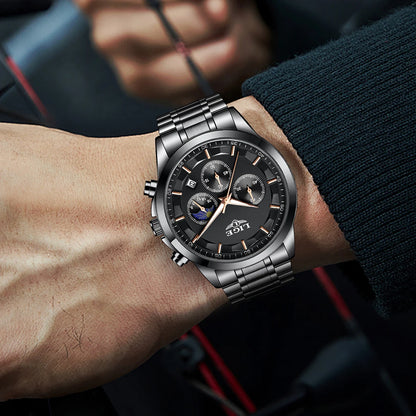 Orologio da uomo LIGE – Cronografo al quarzo di lusso, impermeabile (3 bar), con lancette luminescenti