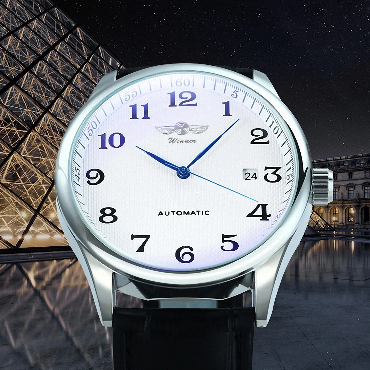 Klassiek herenhorloge – Retrostijl met datumweergave en blauwe wijzers, automatisch mechanisch uurwerk, prestigieus merk, stalen kast en leren band