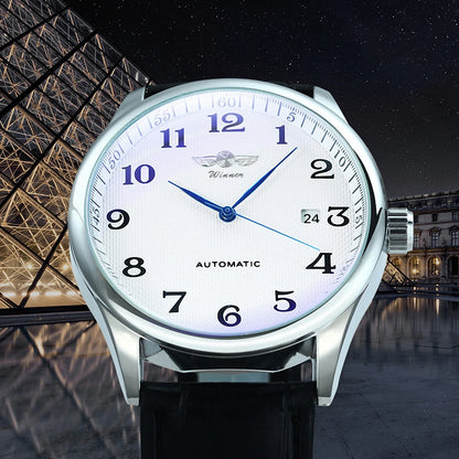 Klassiek herenhorloge – Retrostijl met datumweergave en blauwe wijzers, automatisch mechanisch uurwerk, prestigieus merk, stalen kast en leren band
