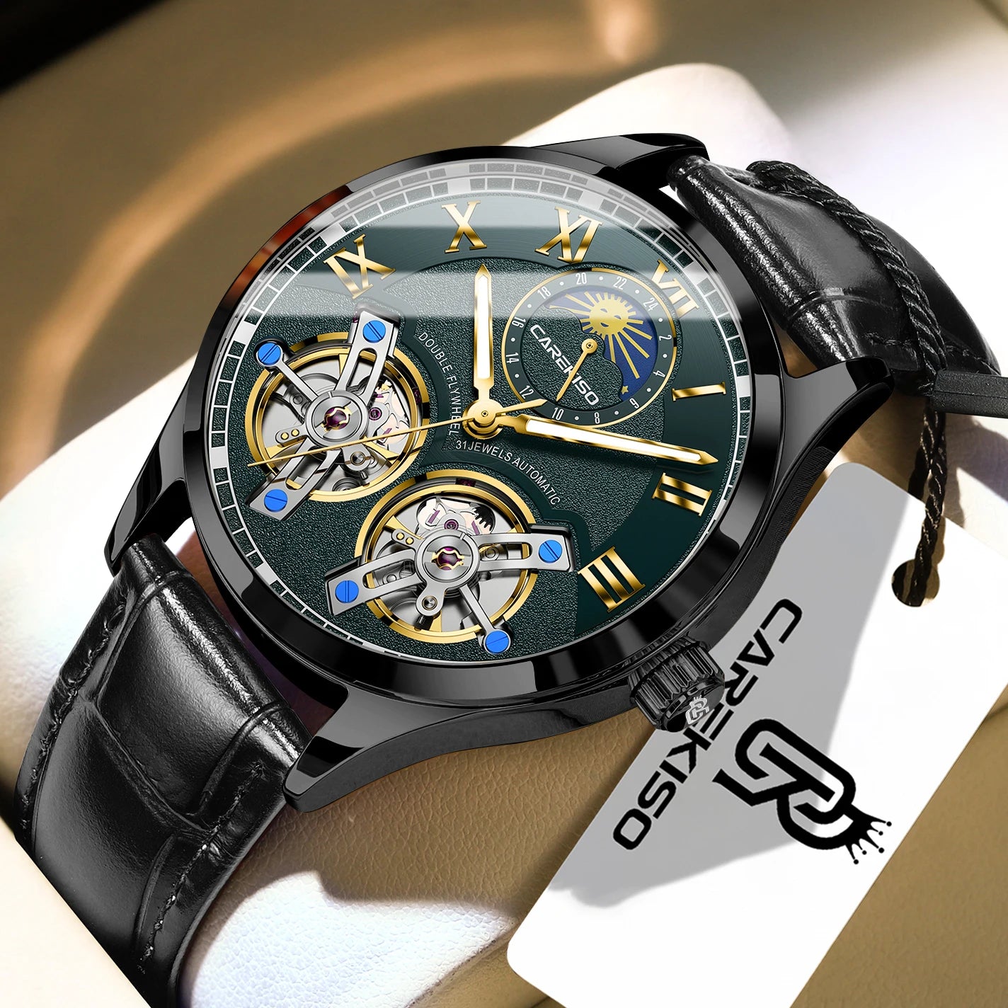 CAREKISO Fashion Men's Clock Double Hollow Tourbillon Automatic Mechanical Man Watch Waterproof Luminous Leather Men's Watches+Box
