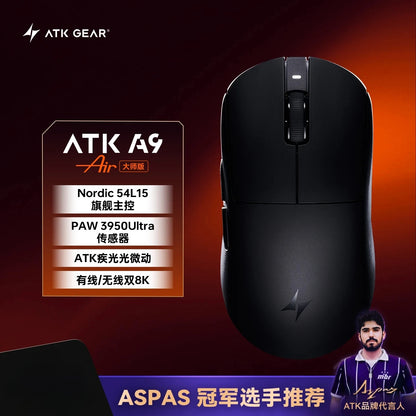 Ratón gaming inalámbrico Bluetooth ATK Dragonfly A9, diseño ergonómico, respuesta rápida, PAW3950 Ultra, 800mAh, ligero, 8KHz, esports
