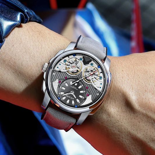 Relógio para homem AILANG – Relógio de pulso mecânico automático, estanque, de estilo desportivo e militar, equipado com um duplo turbilhão e uma bracelete em pele