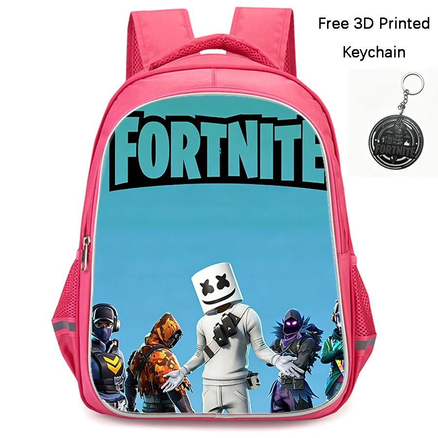 FORTNITE 16-inch Durable Lightweight Backpack, Dual Zipper Pockets, Cartoon Style for Boys & Girls Ages 6-10, Free 3D Printed Keychain