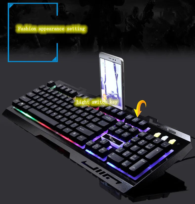 USB Keyboard G700 Waterproof business personality mechanical feel metal glow mobile phone stand gaming keyboard