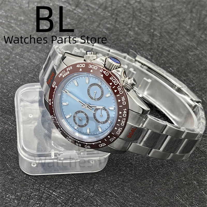 BLIGER 39mm VK63 Men's Quartz Chronograph Watch Ceramic Brown Insert Ice Blue Dial With C3 Luminous Sapphire Crystal Waterproof