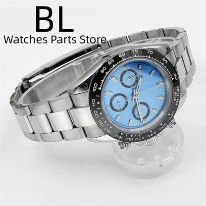 BLIGER 39mm VK63 Men's Quartz Chronograph Watch Ceramic Brown Insert Ice Blue Dial With C3 Luminous Sapphire Crystal Waterproof
