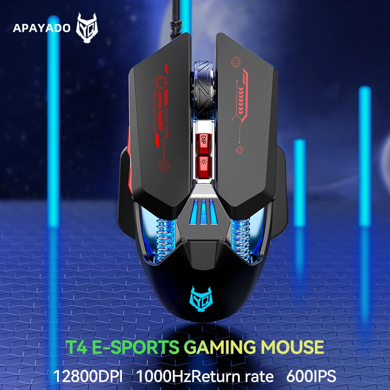 1K Hz Gaming Mouse Wired APAYADO T4 RGB Mouse with Ultra-light Cord 60IPS,12800DPI for Laptop/Computer