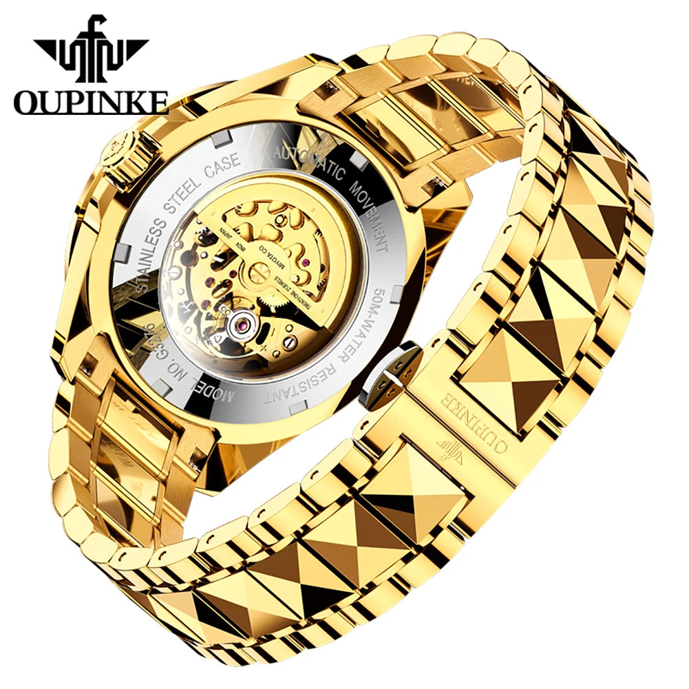 OUPINKE Herrenarmbanduhr, Top-Marke, Luxus, Gold, Wolframstahl, originale automatische mechanische Armbanduhr mit Zifferblatt im Drachenmuster