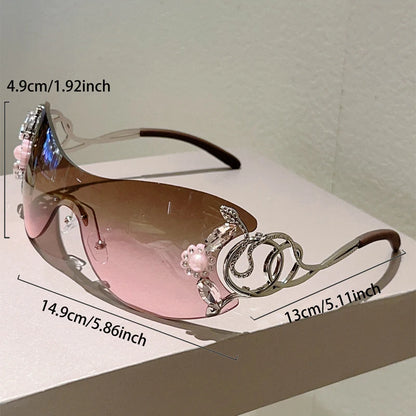 KAMMPT Rimless Y2k Sunglasses with Rhinestones Women Fashion Monoblock Outdoor Decor Shades Trendy Design Gradient Sun Glasses