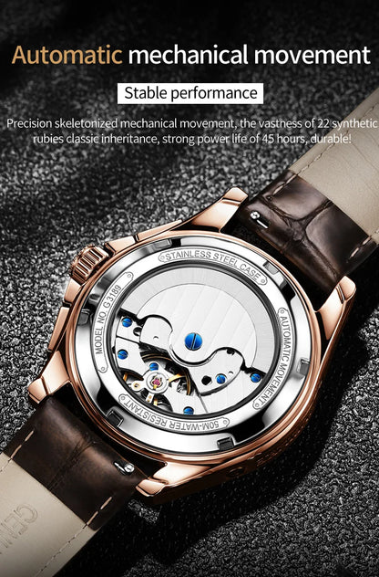 OUPINKE 3189 Classic Men's Watch Leather Strap Waterproof Moon phase Top Brand Automatic Mechanical Men's Wristwatch