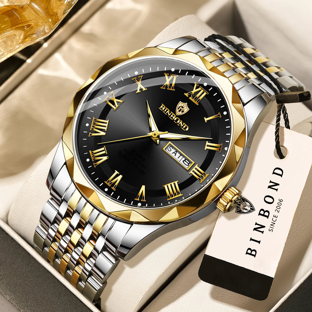 Luxe BINBOND Original Brand quartz-polshorloge voor heren, verlicht, waterdicht, automatische datum, weergave van de weekdag, casual stijl.
