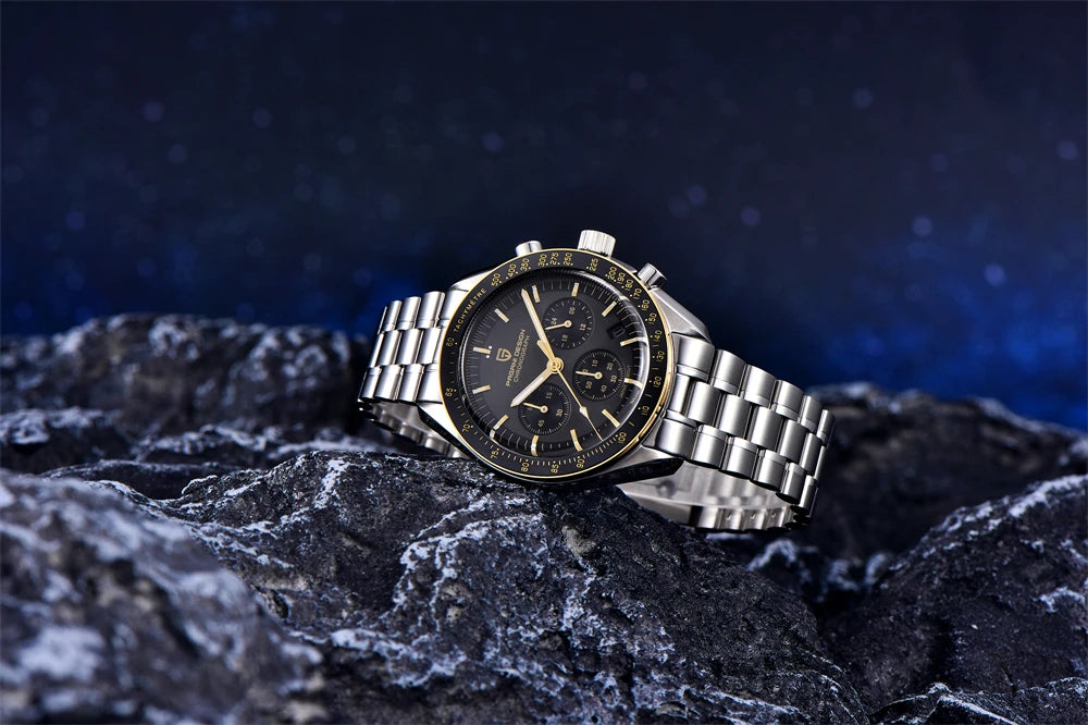 Vyriškas laikrodis „PAGANI DESIGN“ „New Moon“ – prabangus kvarcinis laikrodis su chronografu, safyro stiklu su antirefleksine danga, keraminiu rėmeliu ir šviečiančiomis rodyklėmis