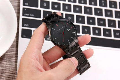 Hannah Martin herenhorloge, roestvrijstalen kast, quartz uurwerk, wijzerplaat van 41 mm, zakelijke stijl, met kalenderweergave (imitatie)