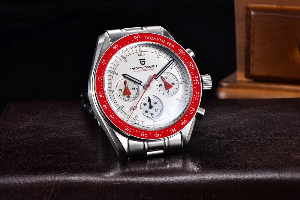 Vyriškas laikrodis „PAGANI DESIGN“ „New Moon“ – prabangus kvarcinis laikrodis su chronografu, safyro stiklu su antirefleksine danga, keraminiu rėmeliu ir šviečiančiomis rodyklėmis