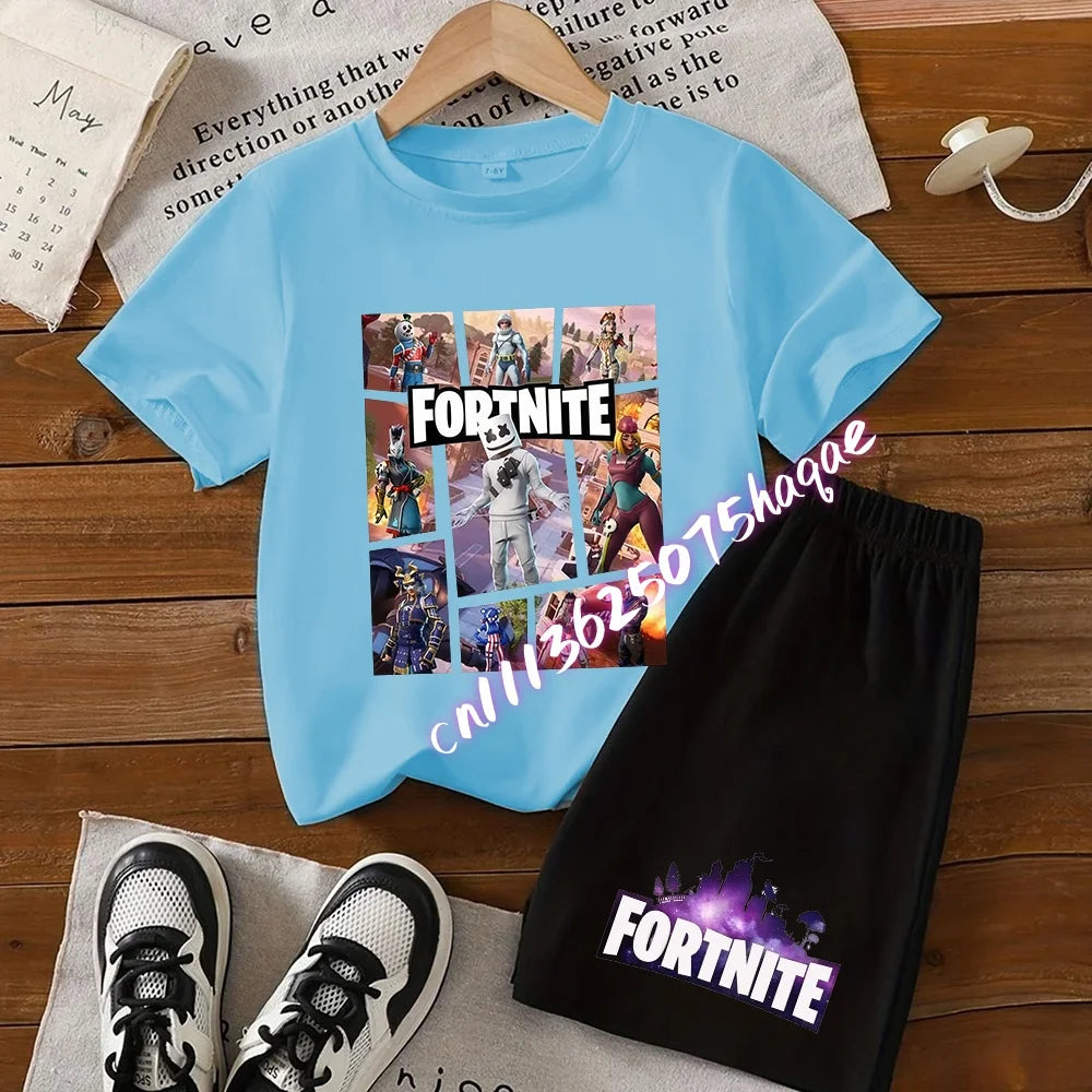 FortnitesT-shirt Shorts for Boys Girl Tee Pants Set Summer 2pcs Children Clothing Tops T-shirts Fortress Night Print Tees Gift