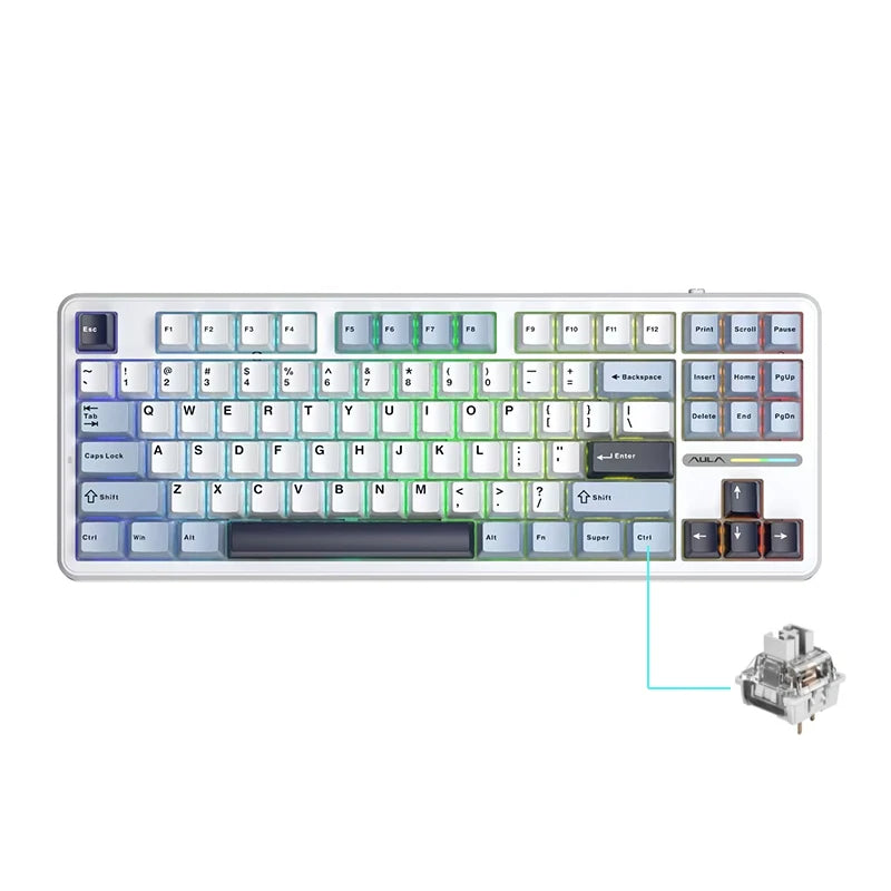 Teclado mecánico AULA F87 Pro 2.4g/USB/Bluetooth inalámbrico trimodo de 87 teclas, RGB, PBT, gasket, 5 capas de amortiguación, teclas completas sin impacto