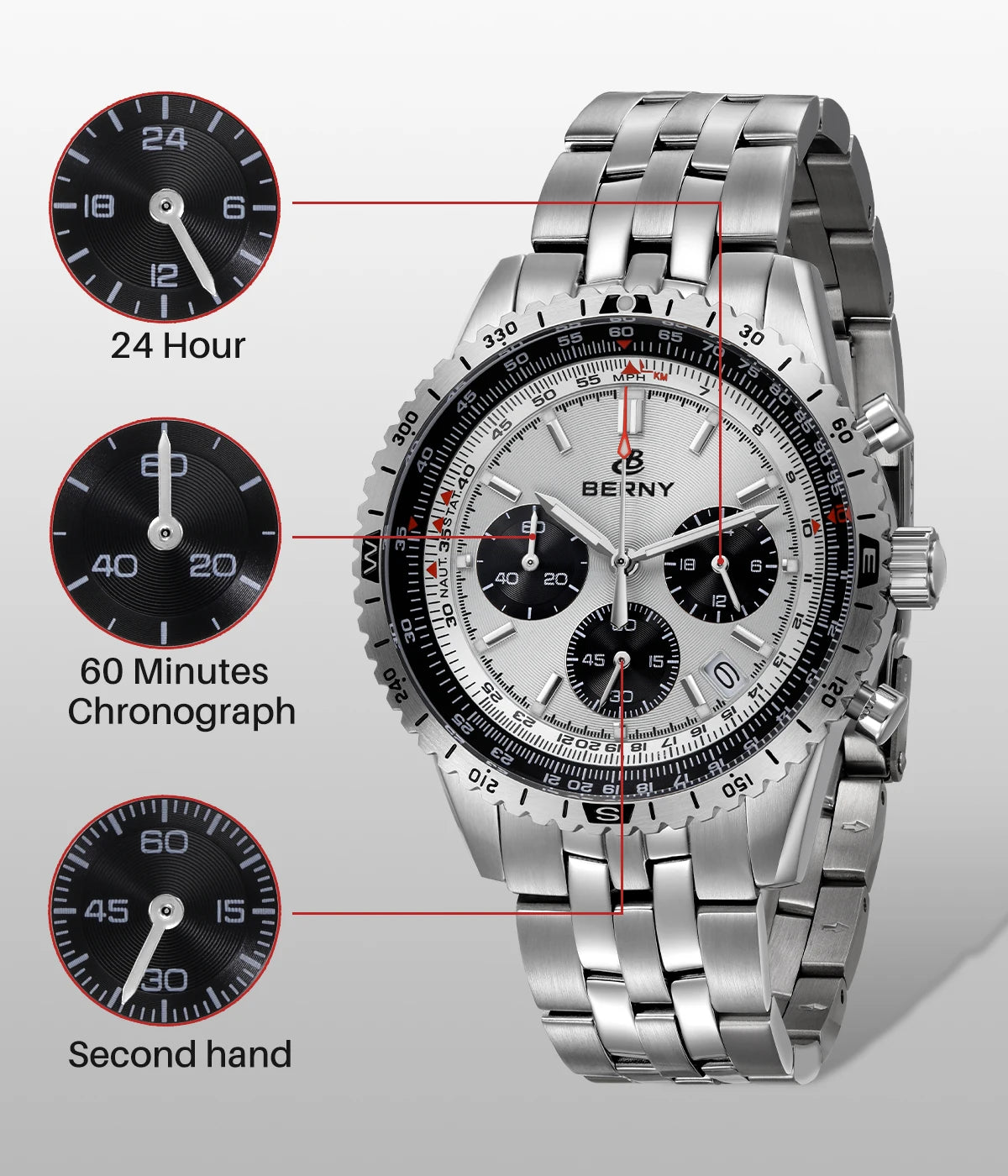 BERNY Chronograph Watches for Men Aviation Multifunction Quartz Men's Watch Date Sapphire Super Luminous Luxury Wristwatch