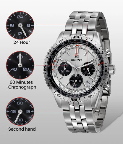 BERNY Chronograph Watches for Men Aviation Multifunction Quartz Men's Watch Date Sapphire Super Luminous Luxury Wristwatch