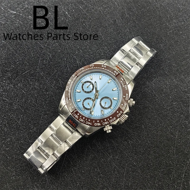 BLIGER 39mm VK63 Men's Quartz Chronograph Watch Ceramic Brown Insert Ice Blue Dial With C3 Luminous Sapphire Crystal Waterproof